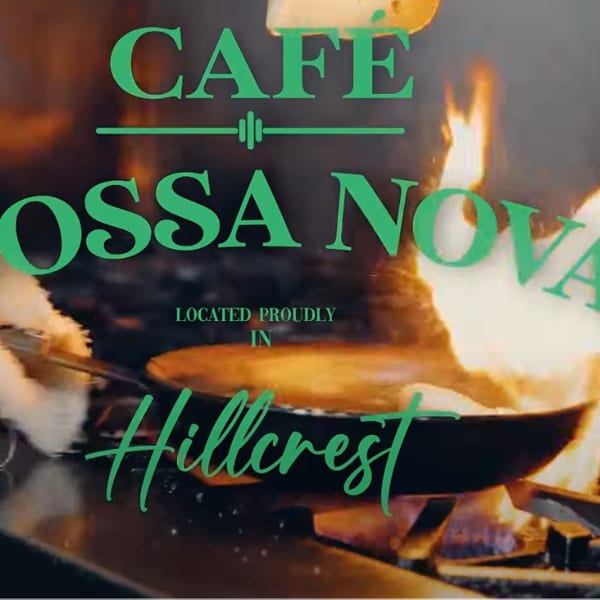 Chef cooking with a flaming pan on a stove, with "Cafe Bossa Nova" text overlay.